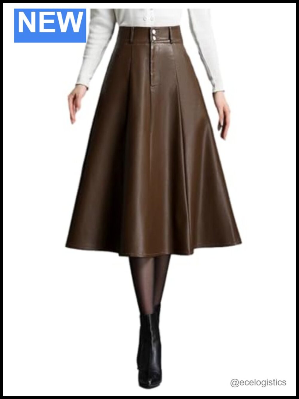 Womens Midi PU Leather A-Line Skirt High Waisted Ruffle Fall Winter